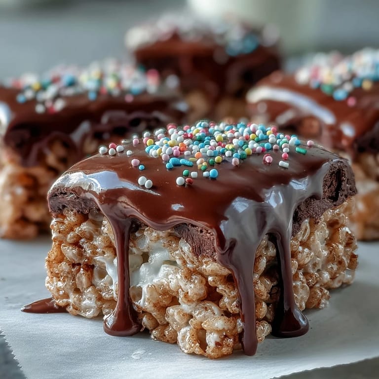 Freshly cut Chocolate Covered Rice Krispy Treats arranged on a plate, ready to serve at a party.