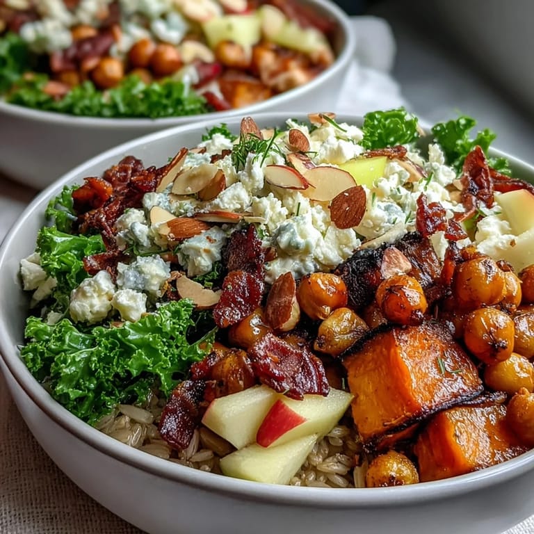 Warm autumn Fall Harvest Bowl with toasted almonds, Brussels sprouts, and sweet potatoes, drizzled with a tangy maple dressing.