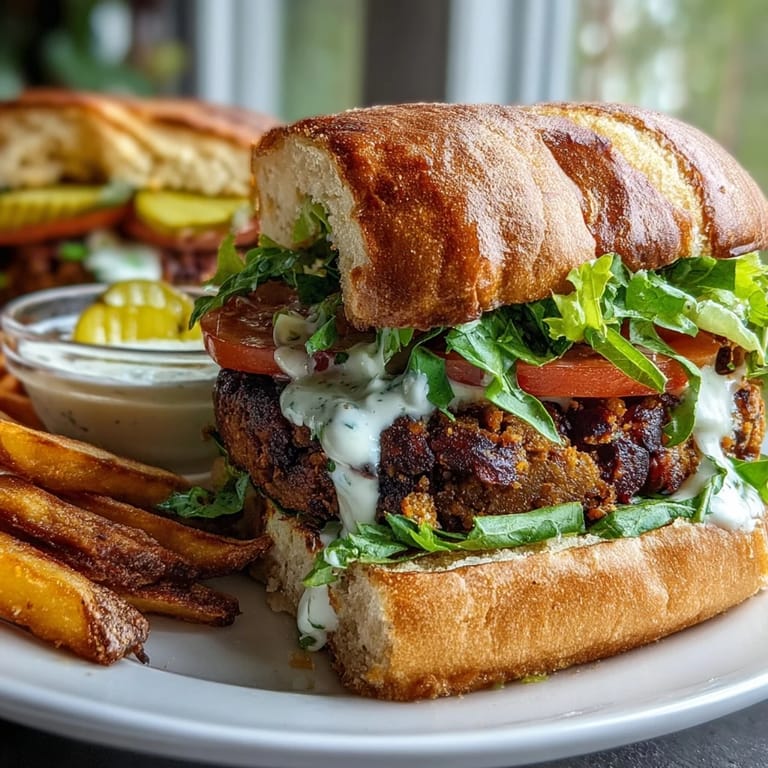 Thick Black-Eyed Pea Burger Patties served on a plate with fresh salad greens, tomato slices, and a creamy dip.