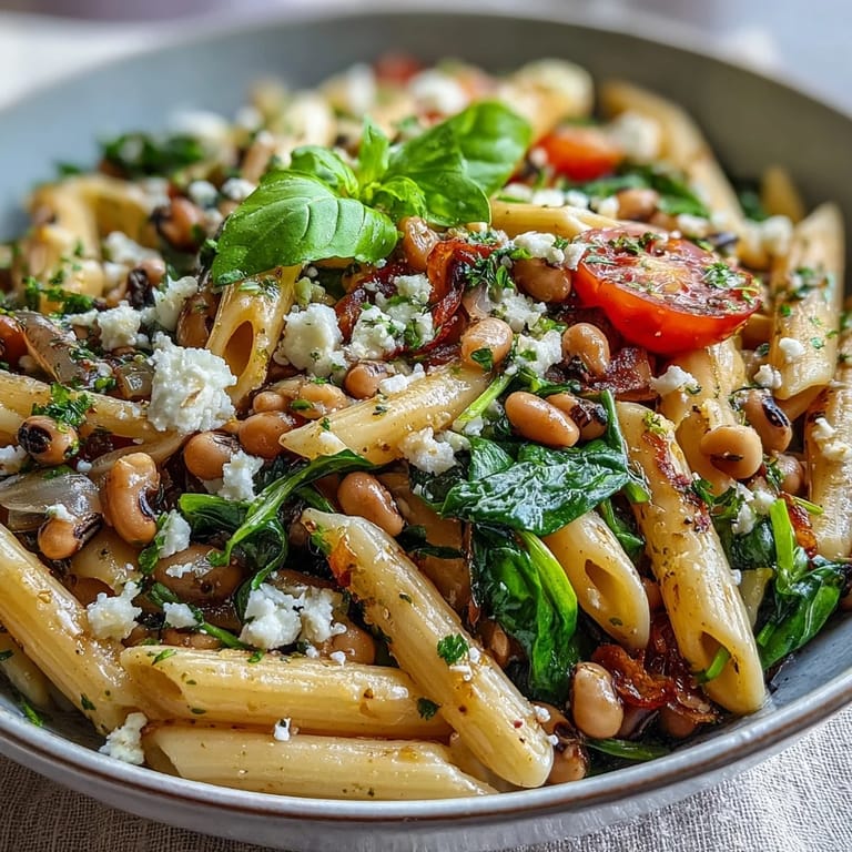 Steaming bowl of Black-Eyed Pea Pasta featuring tender legumes, wilted spinach, and a garlic olive oil sauce. 
