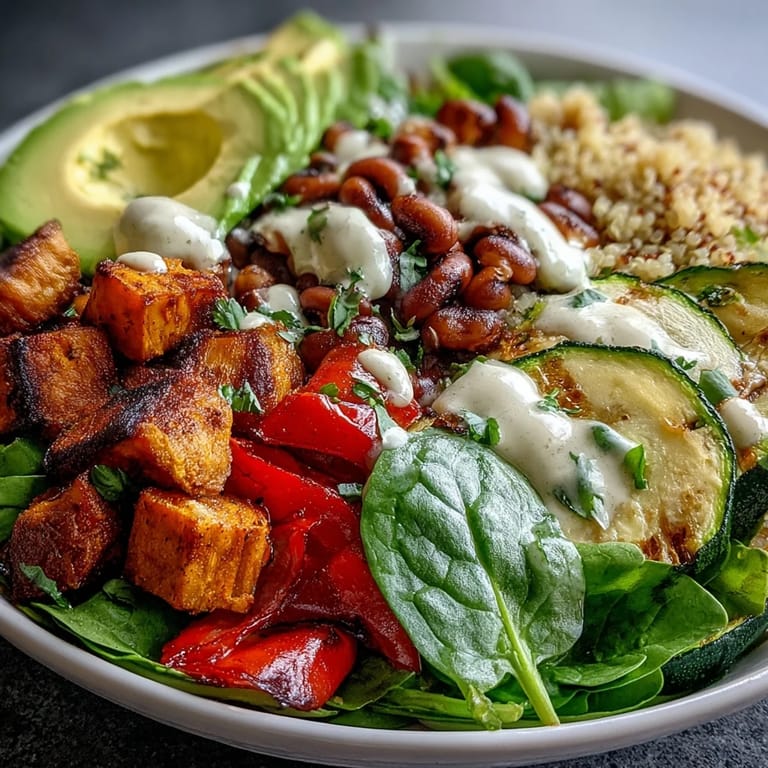 Drizzled with tahini dressing, this hearty Black-Eyed Pea Buddha Bowl is ready to serve on a rustic wooden table.