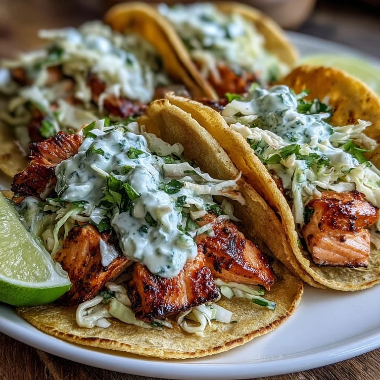 Four Air Fryer Salmon Tacos With Slaw on a rustic plate with lime wedges and a side of slaw.