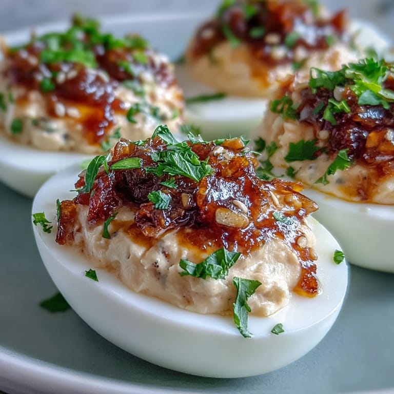A close view of the creamy yolk filling inside halved eggs, topped with crunchy chili garlic crisp and drizzled with soy sauce.