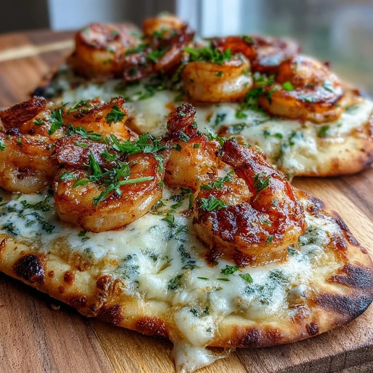 Shrimp sizzling in garlic butter gets spooned over naan and broiled.