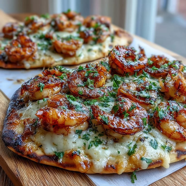 Cheesy Garlic Butter Shrimp Naan Pizzas garnished with fresh parsley, served hot.