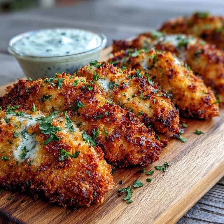 Panko-crusted ranch chicken tenders on a baking sheet, ready for a family dinner.