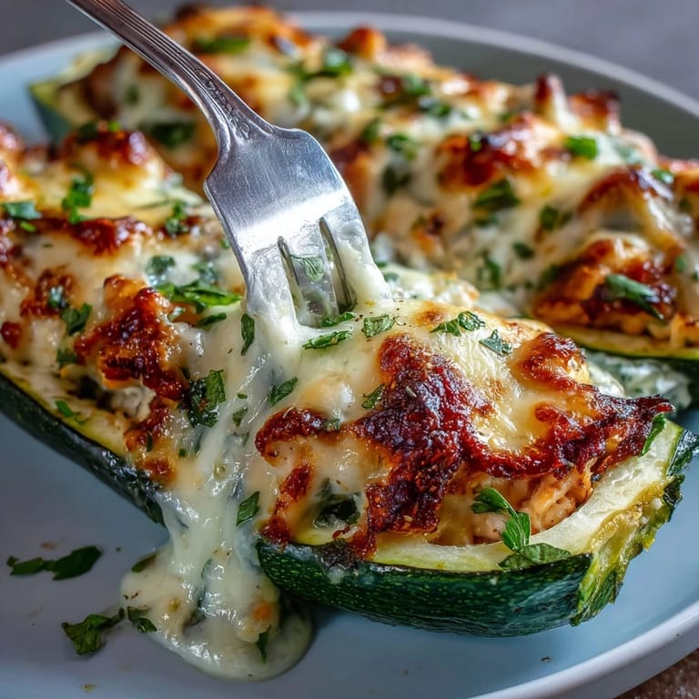 Close-up of Keto Creamy Garlic Chicken Zucchini Boats filled with tender chicken and herbs, ready to serve alongside a salad.