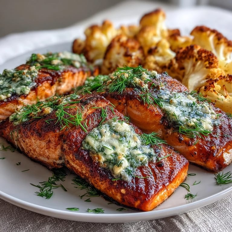 Freshly baked Keto Herb Butter Salmon with roasted cauliflower, garnished with lemon wedges and chopped herbs on a rustic wooden table.