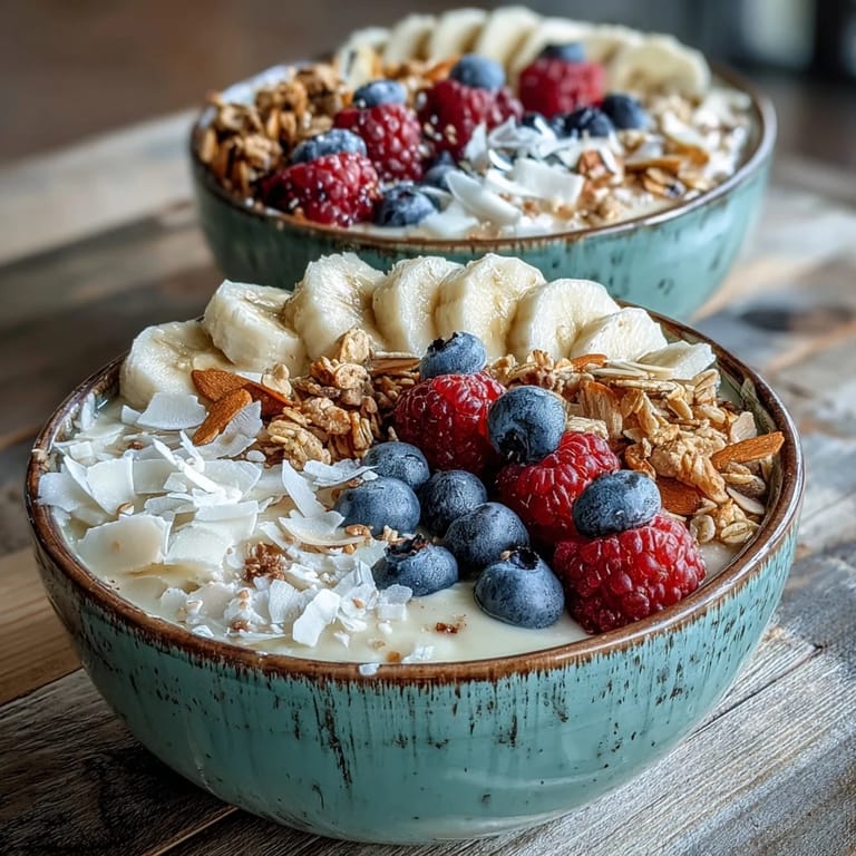 Close-up of a vibrant Berry Greek Yogurt Smoothie Bowl, garnished with fresh berries, coconut flakes, and crunchy chia seed toppings.