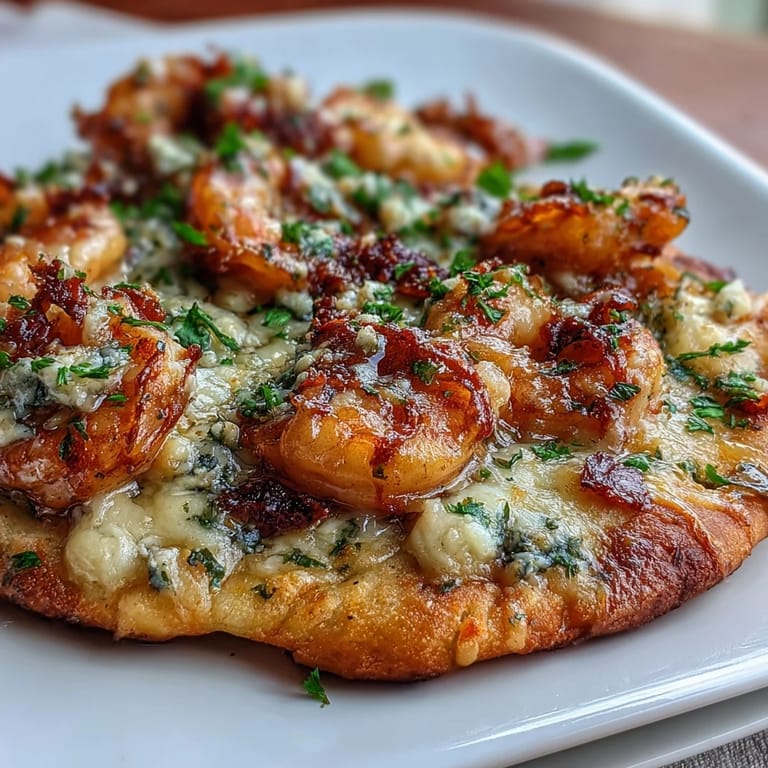 Cheesy Garlic Butter Shrimp Naan Pizzas topped with succulent shrimp, fresh basil, and garlic butter sauce, paired with white wine on a plate.