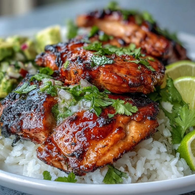 Grilled honey-lime chicken slices stacked with fragrant rice and topped with fresh avocado mix for a zesty, satisfying main dish. Perfect for weeknight dinners or entertaining.
