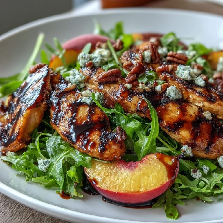 Elegant summer salad with grilled chicken, ripe peaches, and peppery arugula, served with a honey-sweetened balsamic reduction.