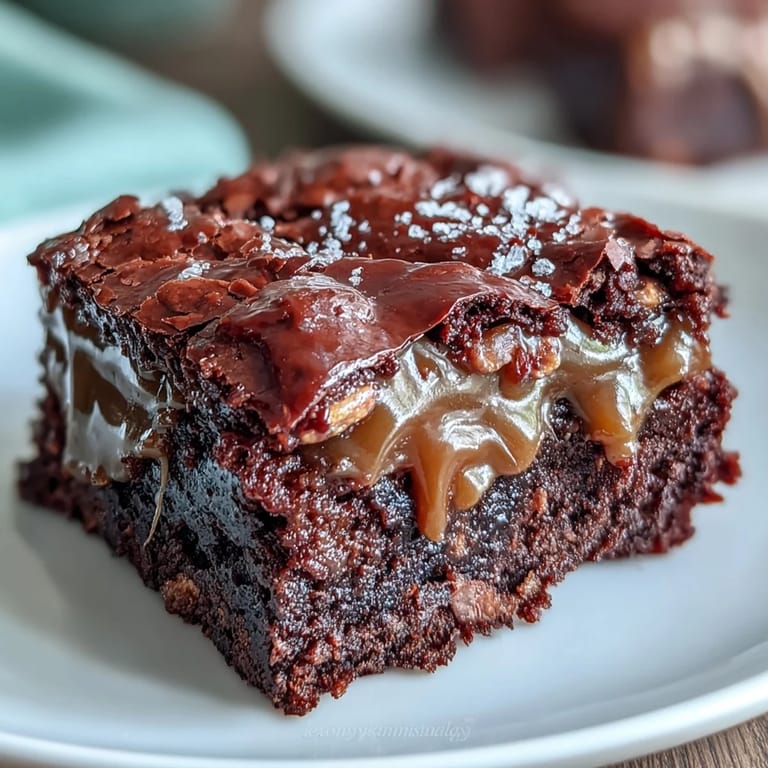 Decadent dark chocolate brownies marbled with white miso caramel, offering an irresistible umami twist on a classic dessert favorite.