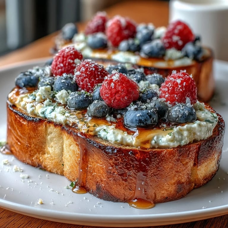 Golden sourdough toast layered with creamy ricotta, a swirl of salted honey, and vibrant mixed berries—perfect for brunch.