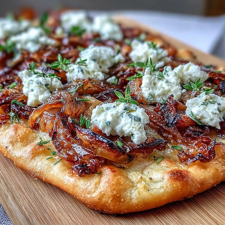 Golden baked flatbread with layers of rich caramelized onions, tangy goat cheese crumbles, and aromatic thyme leaves for a vegetarian main dish.  