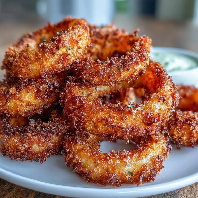 Crunchy, golden-brown onion rings coated in panko and Parmesan, paired with a zesty homemade garlic aioli for dipping.  