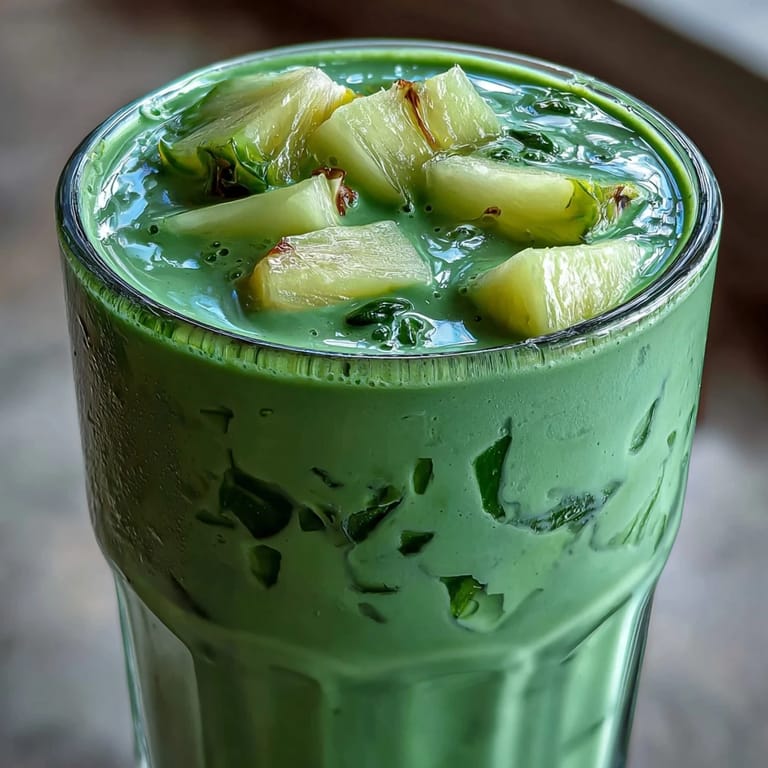A thick, creamy green shamrock smoothie with pineapple, spinach, and banana, garnished with a pineapple wedge.