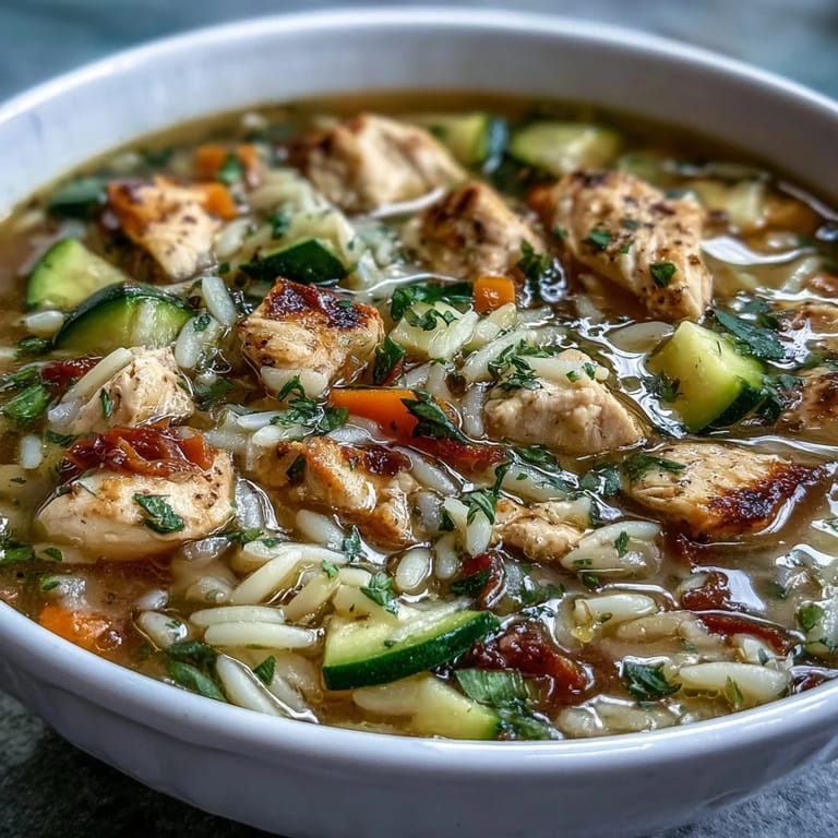 Golden One-Pot Lemon Chicken and Zucchini Orzo Soup with fresh lemon zest, tender vegetables, and perfectly cooked orzo for a nourishing, easy dinner.