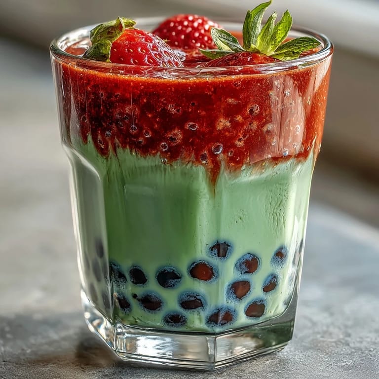 Delicious strawberry matcha boba-inspired beverage with bright red strawberry layer, green matcha milk, and soft tapioca pearls for a satisfying treat.