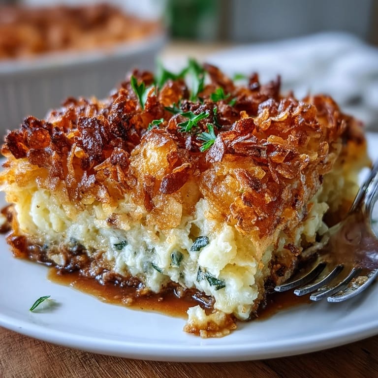 Hearty Funeral Potatoes Shepherds Pie Mash-Up layered with cheesy mashed potatoes, seasoned ground beef, and a crispy cornflake crust.