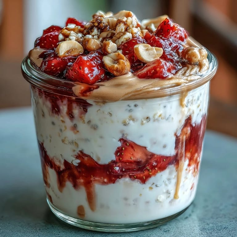 Strawberry PB&J overnight oats with sweet jam, creamy peanut butter, and fresh strawberries, topped with crunchy roasted peanuts.