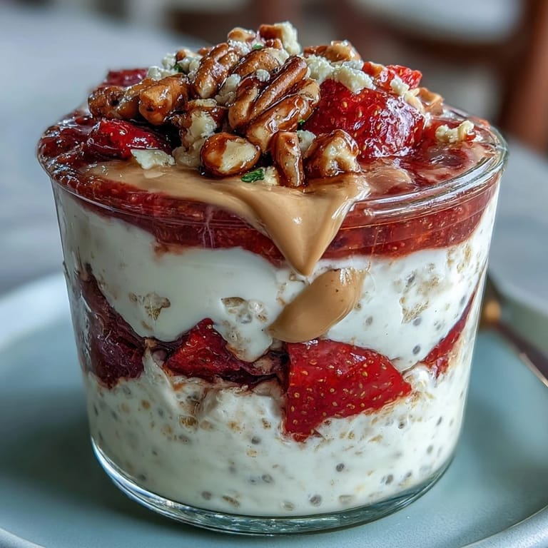 Wholesome strawberry PB&J overnight oats featuring Greek yogurt, chia seeds, and a topping of diced strawberries and chopped peanuts.