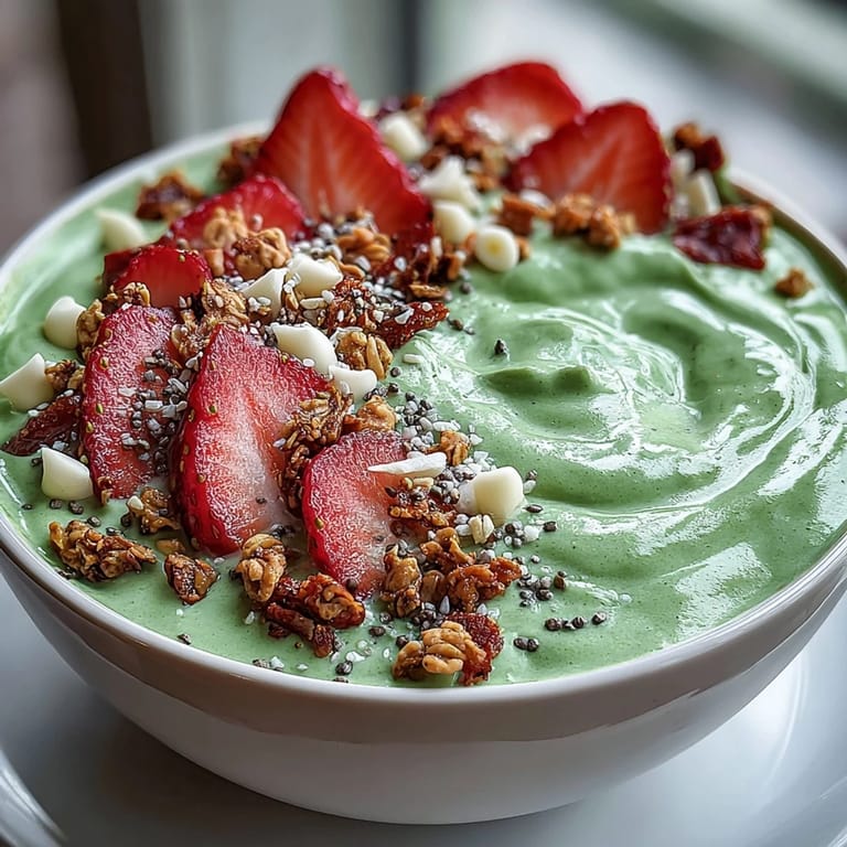 Creamy frozen strawberry base swirled with earthy matcha layer, topped with coconut flakes and chia seeds.