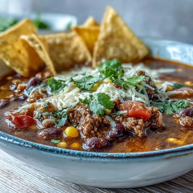 Hearty taco soup simmering with savory ground turkey, tomatoes, and corn, garnished with a dollop of sour cream and crunchy tortilla chips.