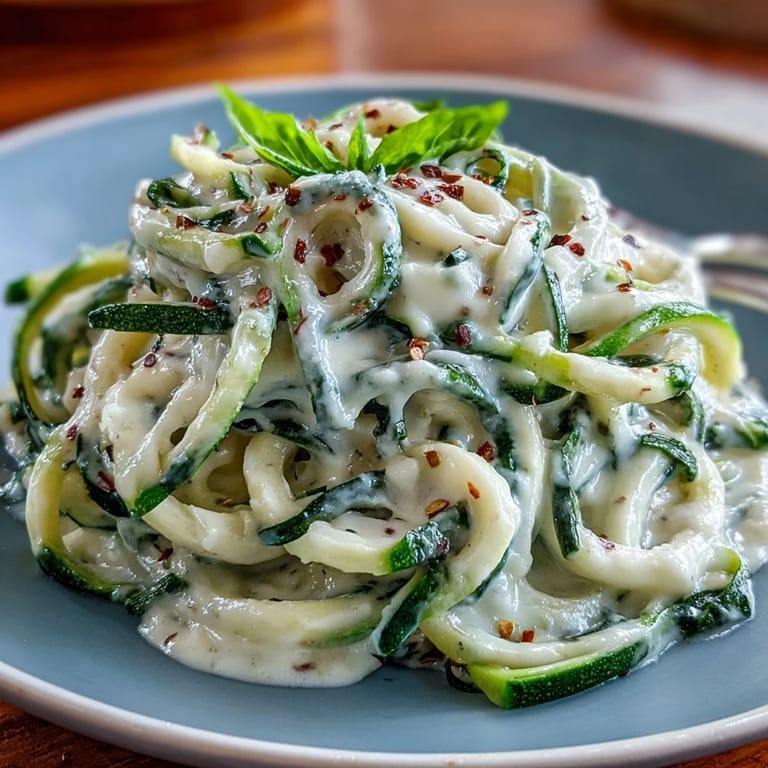 Wholesome zucchini noodles tossed in rich cottage cheese Alfredo sauce with Parmesan and fresh parsley garnish.