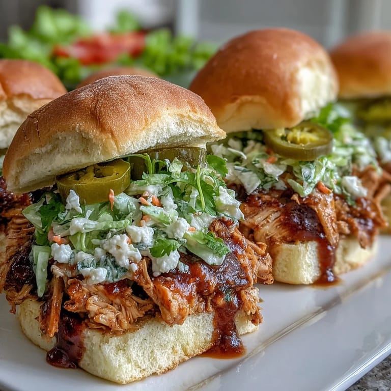 Tender shredded chicken with bold ranch and au jus flavors, topped with crisp coleslaw on soft slider buns.