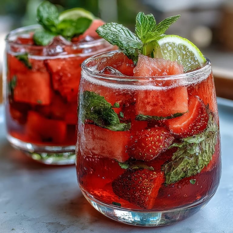 Refreshing watermelon mint vodka spritz mocktail with chilled sparkling water, garnished with lime and mint for a festive drink.