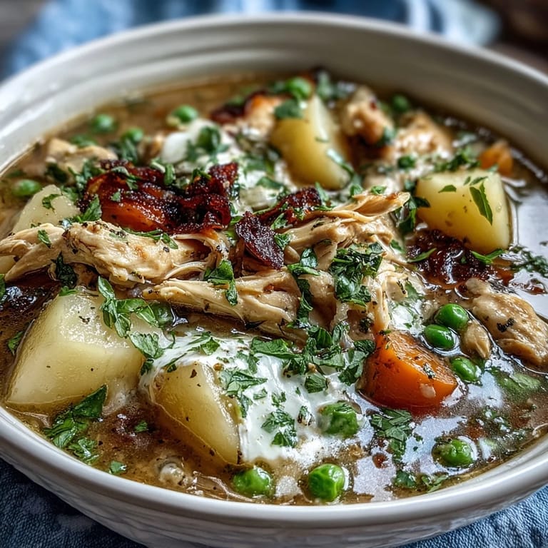 Rich and hearty slow cooker chicken pot pie soup, brimming with carrots, celery, and a luscious, creamy finish.