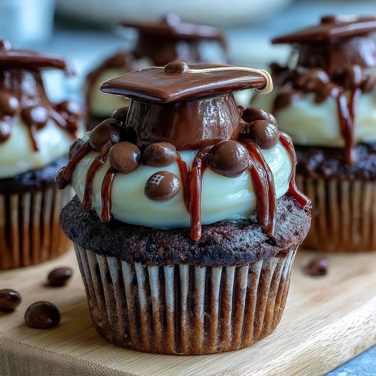 Simple vanilla cupcakes decorated with graduation cap toppers, featuring chocolate squares, licorice tassels, and candy buttons.