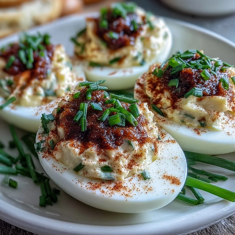 Classic deviled eggs with paprika and chives, a tangy appetizer arranged on a white platter for easy serving at parties.