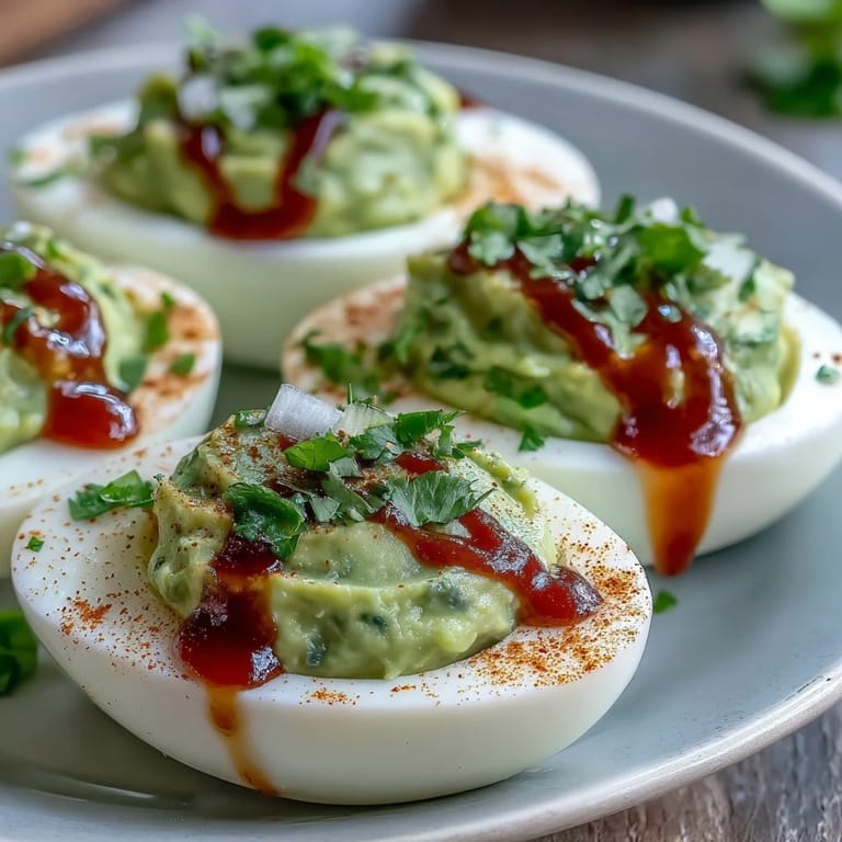 Vibrant deviled eggs featuring avocado and lime, finished with Sriracha drizzle for a zesty kick.