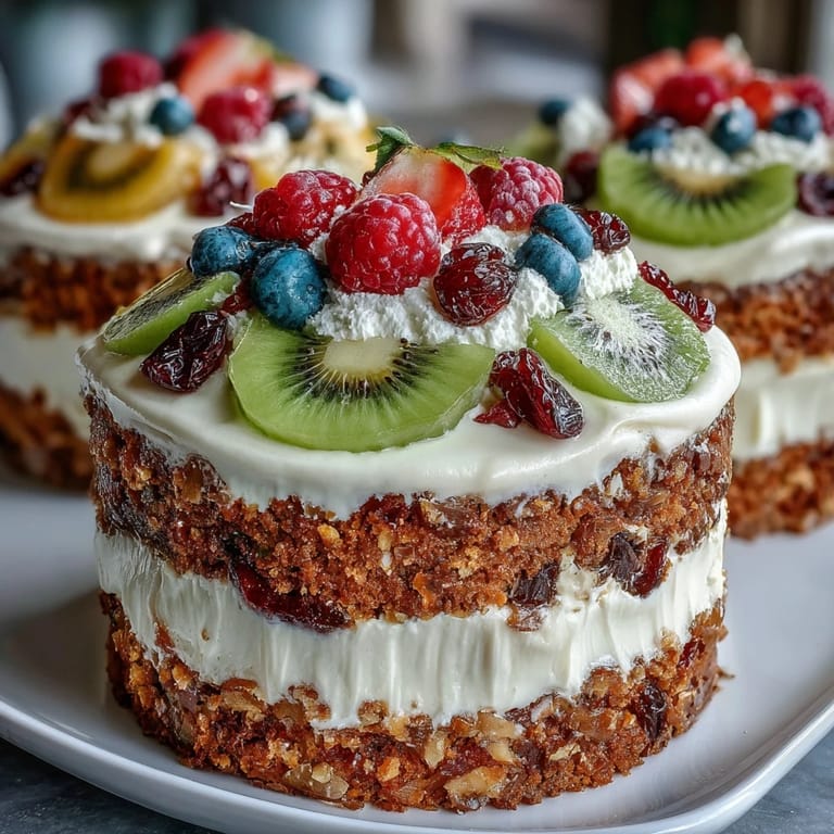 Elegant Easter spread with moist carrot cake, crisp pavlova topped with fruit, and tangy lemon tart on decorative platters.