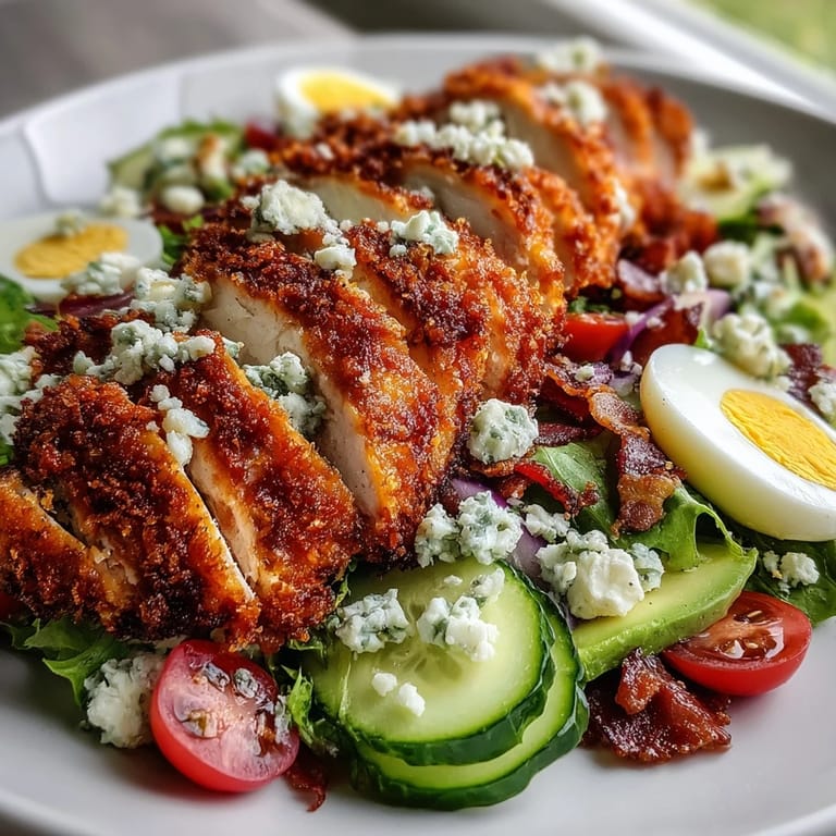 Sliced golden Parmesan Crusted Chicken Cobb Salad arranged neatly with tomatoes, cucumber, hard-boiled eggs, and blue cheese crumbles.