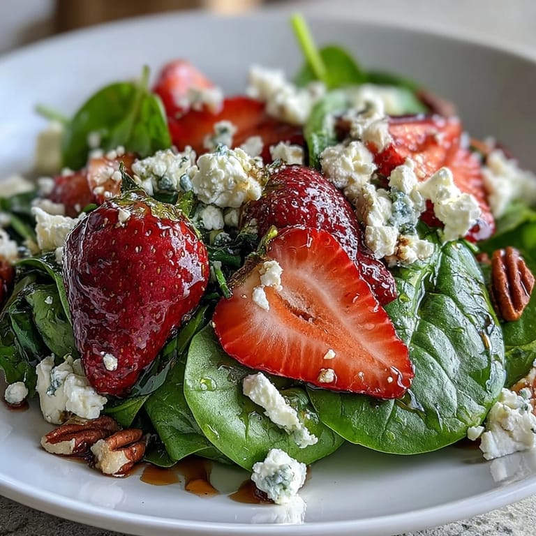 Fresh baby spinach tossed with juicy strawberries, crumbled goat cheese, and crunchy nuts, all coated in a tangy balsamic dressing for a vibrant salad.