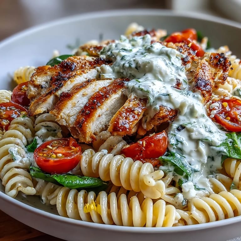 Savory High Protein Pasta Bowl featuring tender chicken, wilted greens, and cottage cheese.