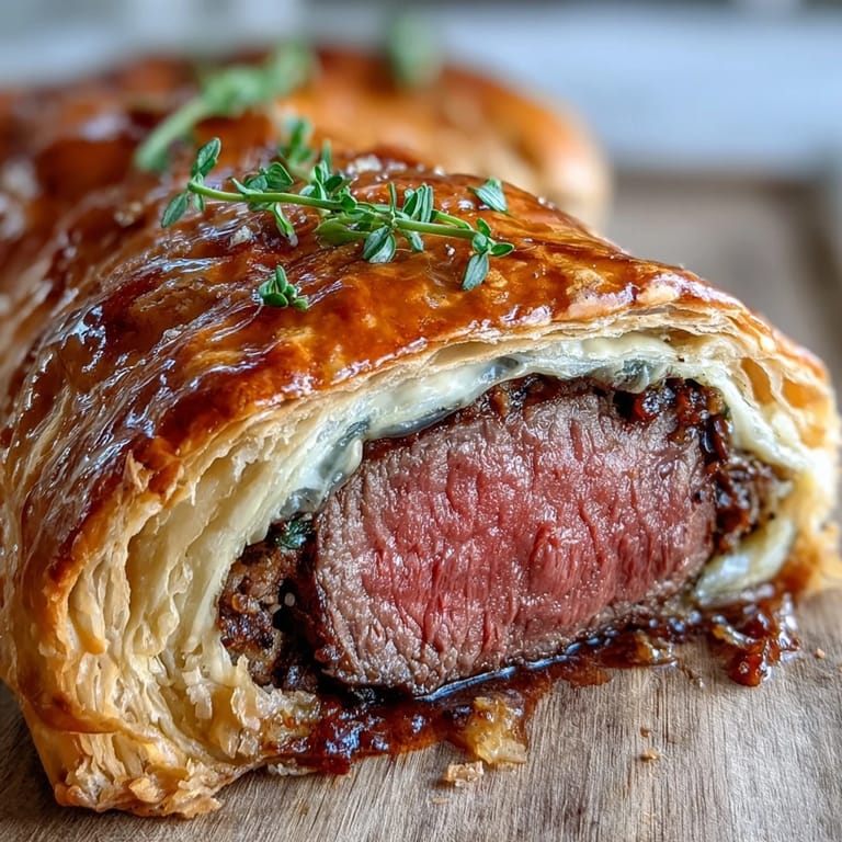 Individual beef Wellingtons feature tender filet mignon, savory mushroom duxelles, and prosciutto encased in golden, flaky puff pastry.