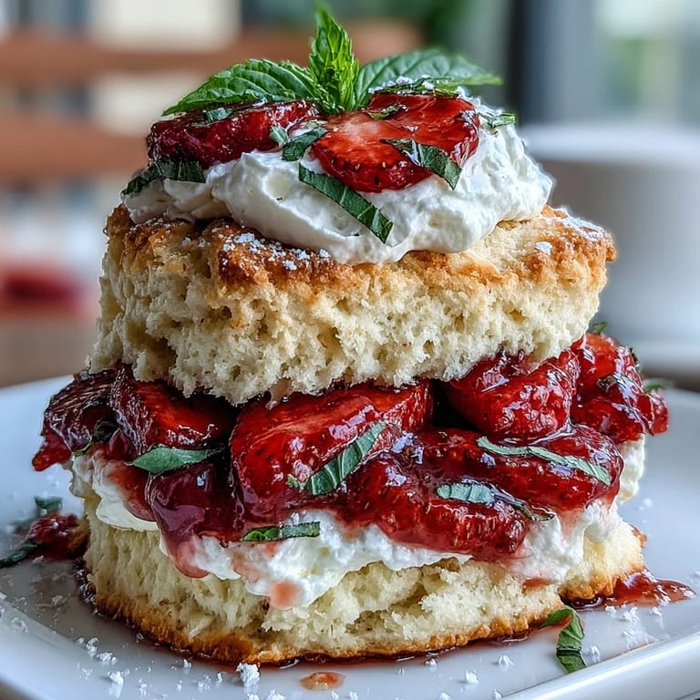 Golden shortcake biscuits layered with sweet strawberries, fragrant basil, and fluffy vanilla whipped cream.  