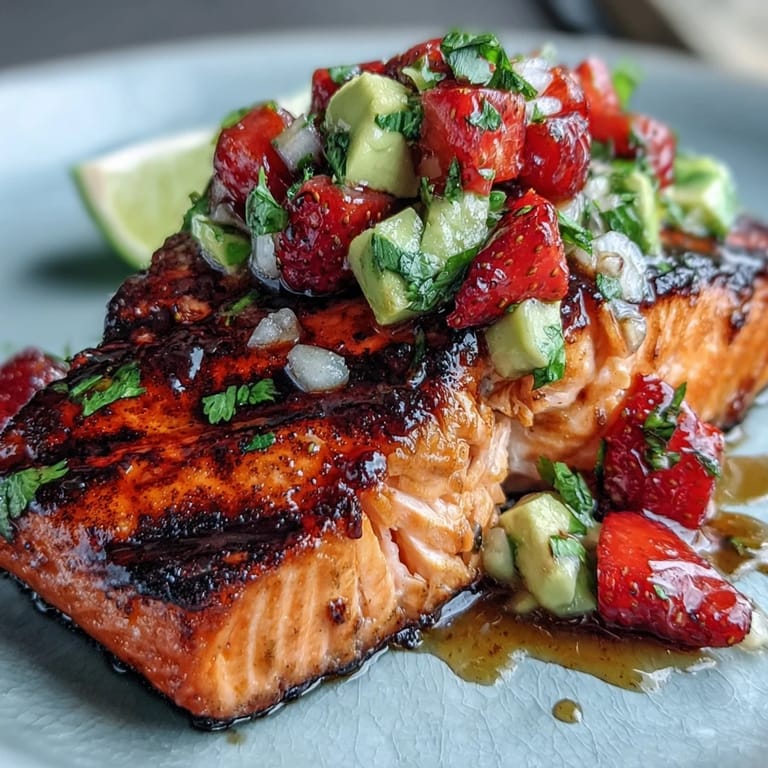 Smoky grilled salmon enhanced by a refreshing strawberry avocado salsa, creating a delightful balance of sweet and savory in every bite.