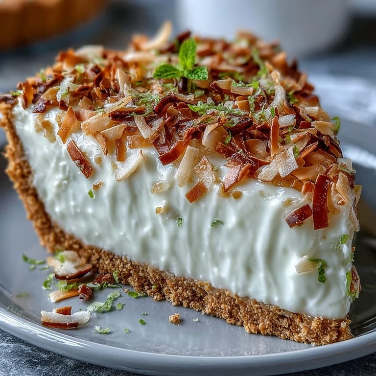 Creamy coconut lime filling in a crisp graham cracker crust, topped with zesty lime zest and coconut for a tropical dessert.