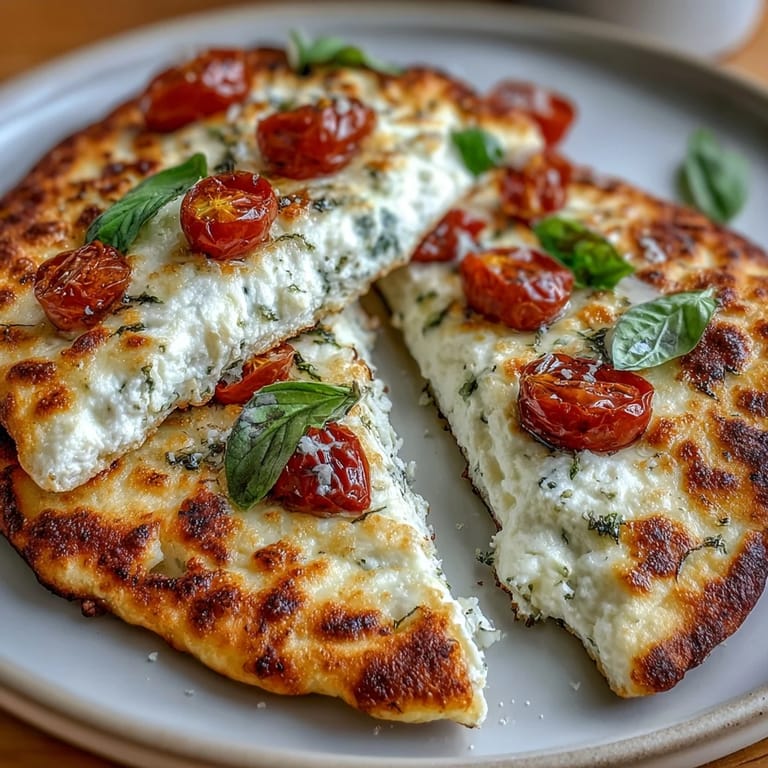 High-protein cottage cheese flatbread layered with rich pesto, sweet cherry tomatoes, and fresh basil, ideal for a quick vegetarian lunch.