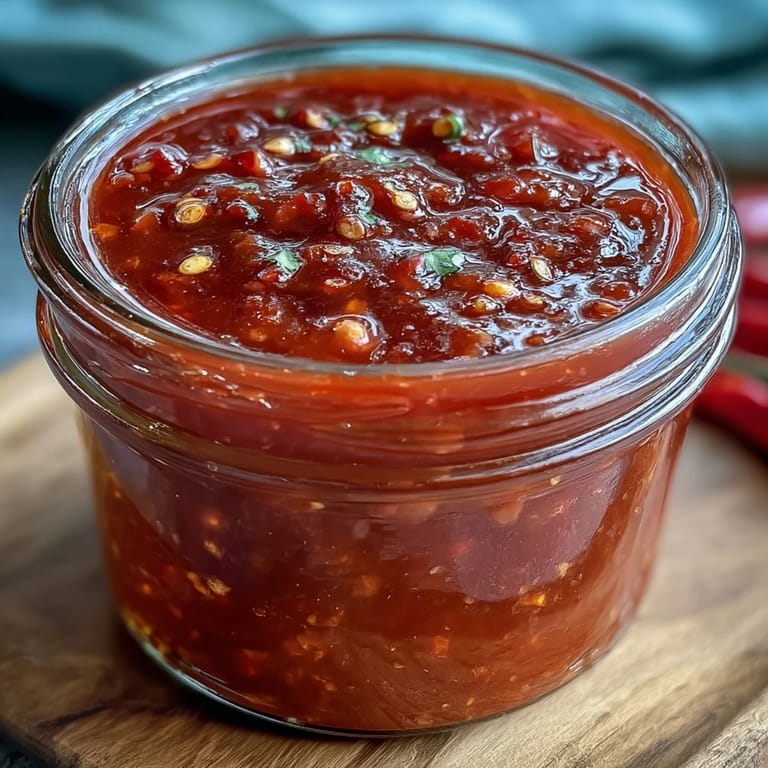 Rich and fiery homemade fermented hot sauce, blending red chili peppers and garlic in a smooth, tangy blend perfect for tacos, eggs, or grilled meats.