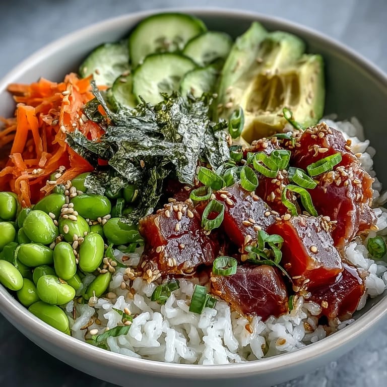 Delectable Spring Tuna Poke Bowl, a healthy, easy dish perfect for lunch.