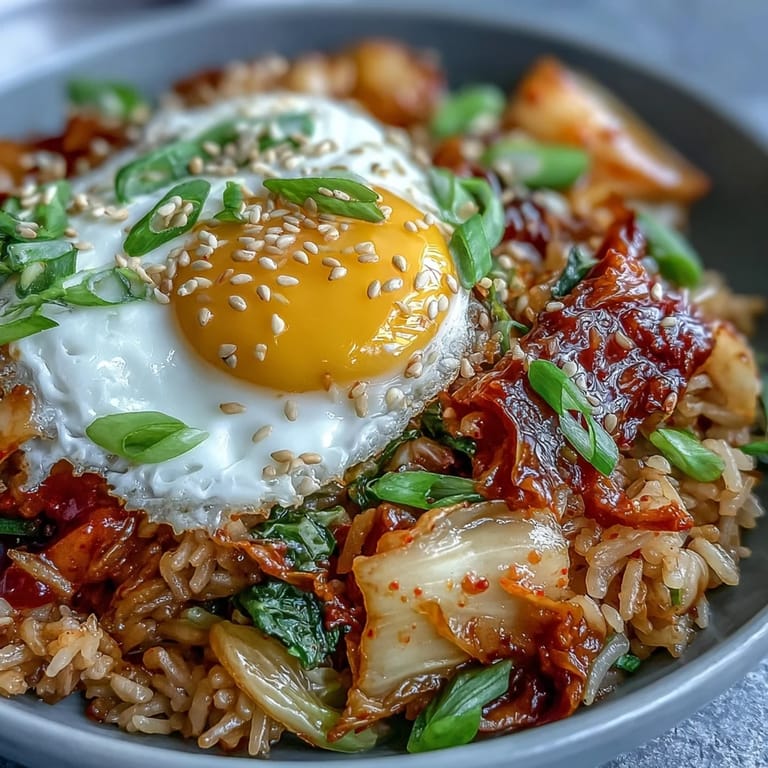 Savory kimchi cabbage fried rice stir-fried with day-old jasmine rice, topped with a sunny-side-up egg and sesame seeds.