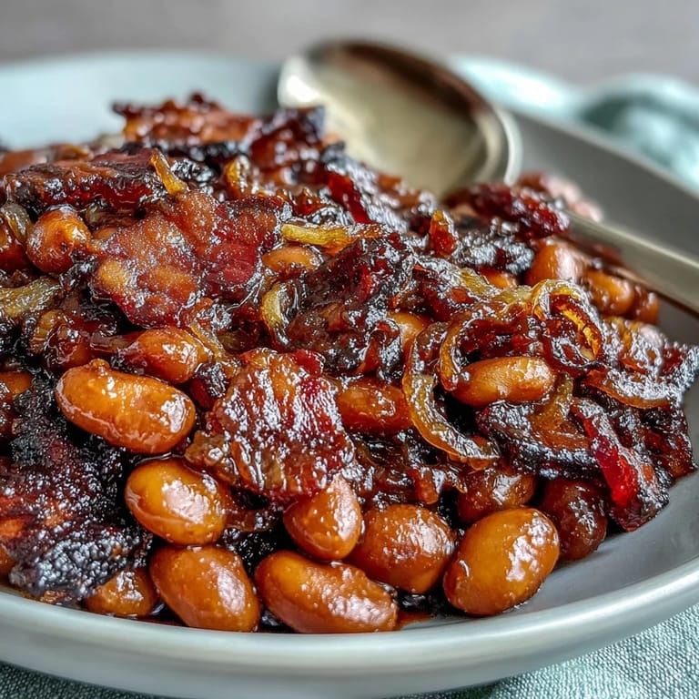 Hearty, soulful baked beans with crisp bacon, a classic American comfort food.