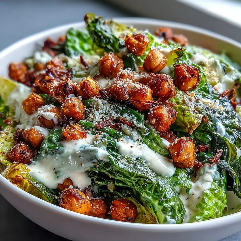 Fresh romaine tossed in creamy dressing, crowned with crunchy chickpea croutons.