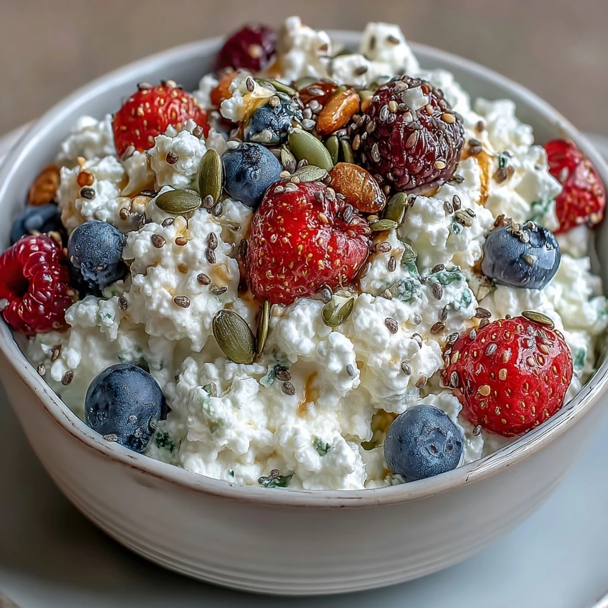 A creamy cottage cheese bowl topped with vibrant mixed berries and crunchy sunflower and pumpkin seeds for a protein-rich breakfast.